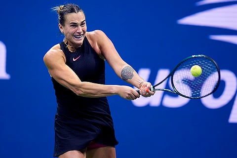 2024 US Open quarterfinals: Aryna Sabalenka, of Belarus, returns to Zheng Qinwen, of China